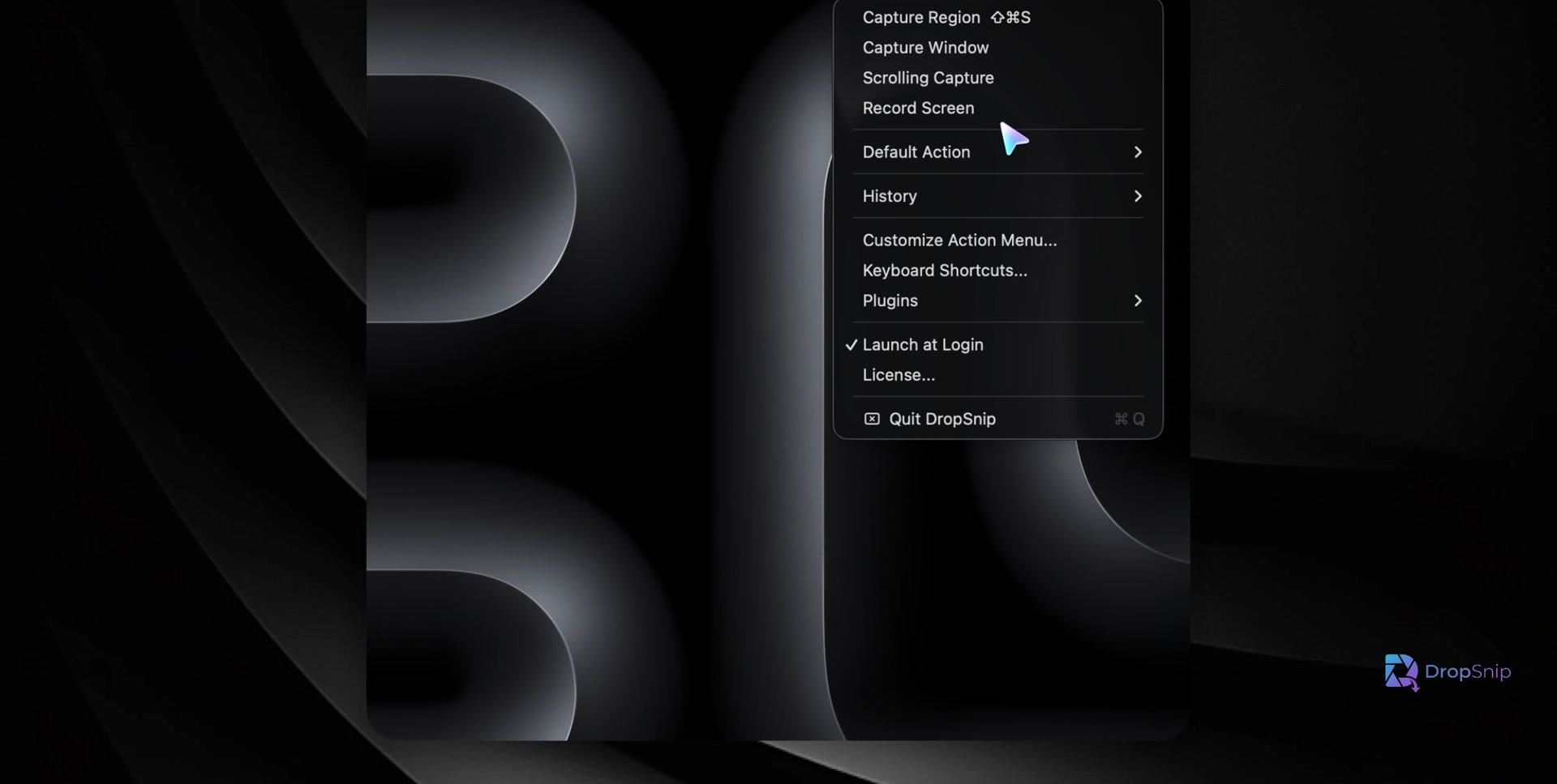 DropSnip menu bar dropdown showing Capture Region, Capture Window, Scrolling Capture, Record Screen, Default Action, History, Keyboard Shortcuts, and Plugins